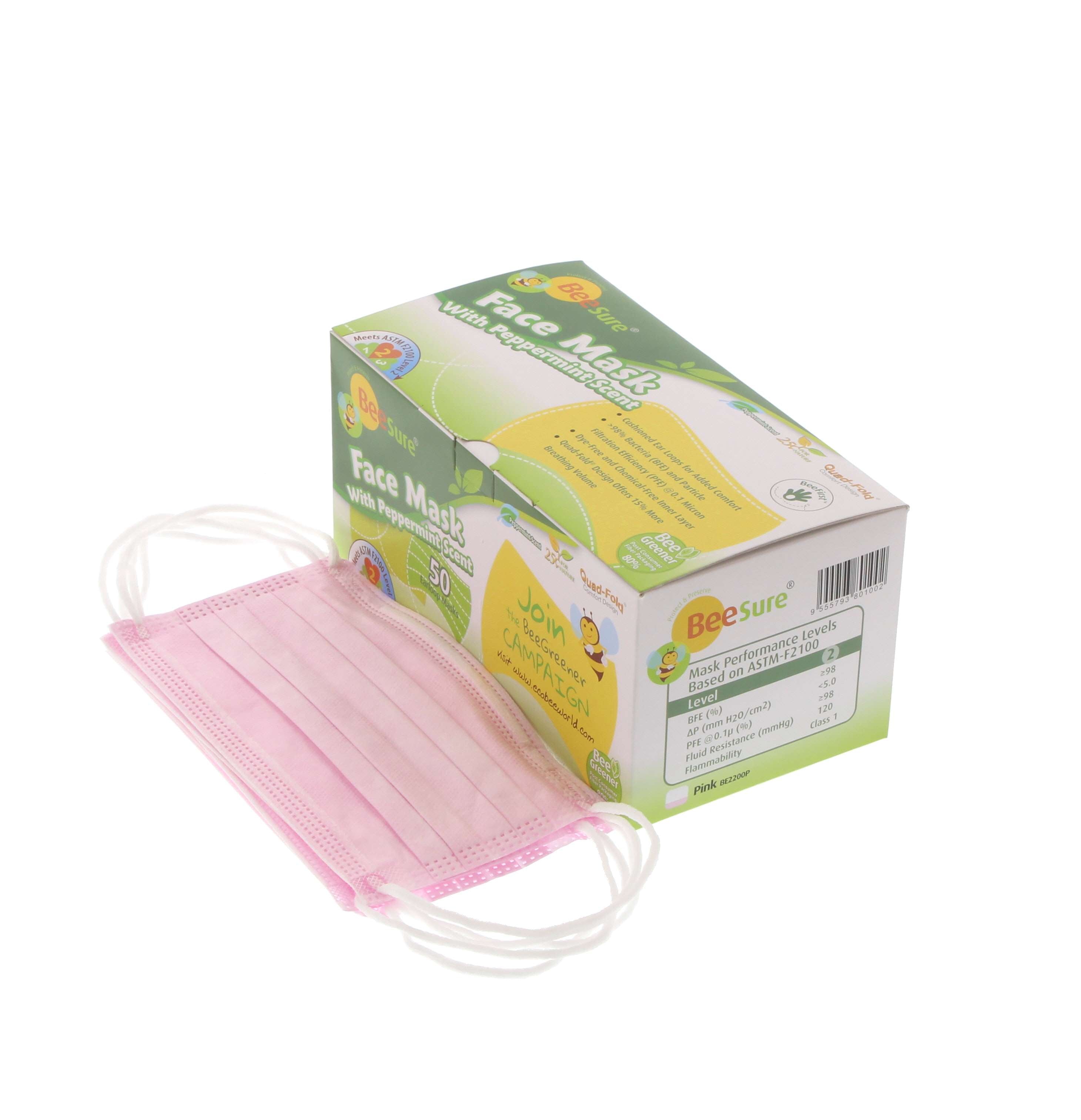 Cranberry 2200P BeeSure Earloop ASTM Level 2 Face Masks Peppermint Latex Free Pink 50/Bx Cranberry 2200P BeeSure Earloop ASTM Level 2 Face Masks Peppermint Latex Free Pink 50/Bx